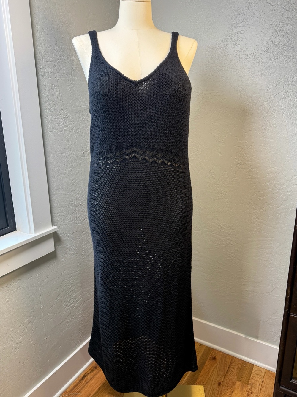 Old Navy Black Crochet Knit Maxi Dress Cover-Up Boho Beach Sleeveless Size XL